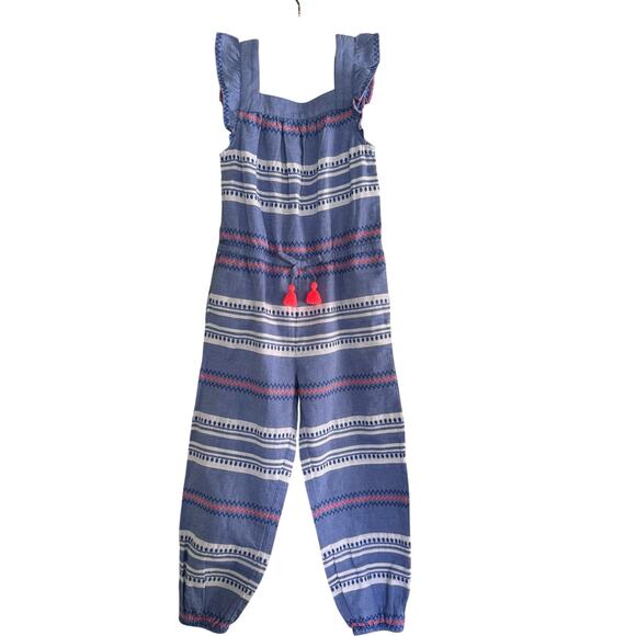 Boden Girls Size 5-6 Yr Boho Summer Romper Pants Blue Pink Embroidered Tassel - Picture 1 of 8